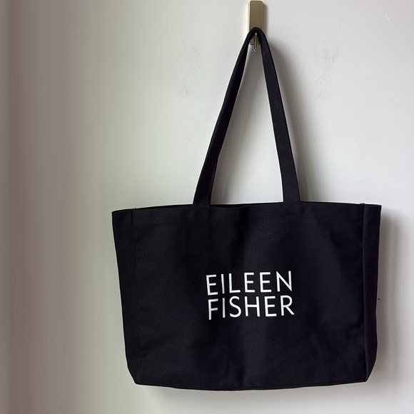Eileen Fisher Logo Canvas Tote Bag Black & White Thick Office Travel 17x13x3.5" - Picture 2 of 11